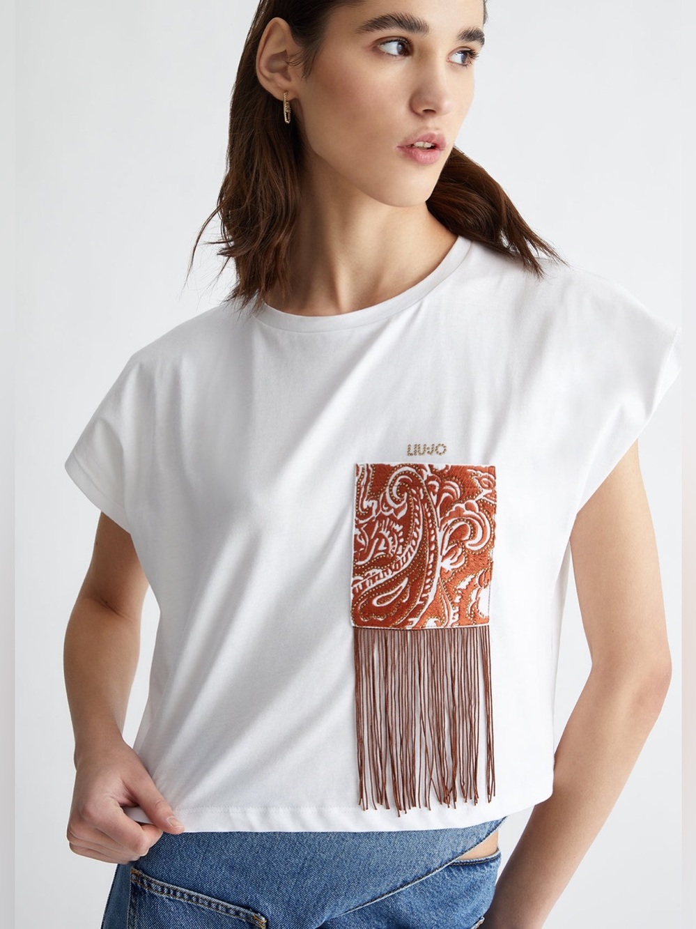 Liu Jo White Short-Sleeve Tee with Brown Paisley Fringe Pocket